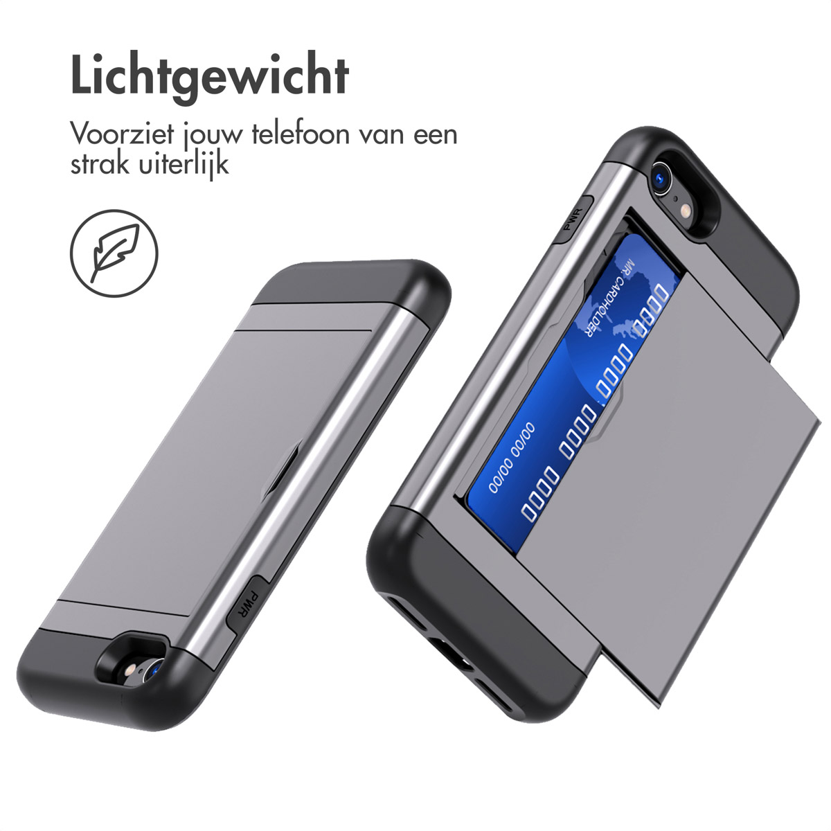 Telefoonhoesje met een zilveren frame en een kaarthouder. De telefoon is zichtbaar.