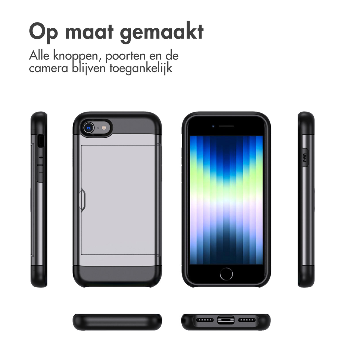 Telefoonhoesjes met verschillende zijaanzichten. Telefoon zit in een hoesje met uitsparingen.