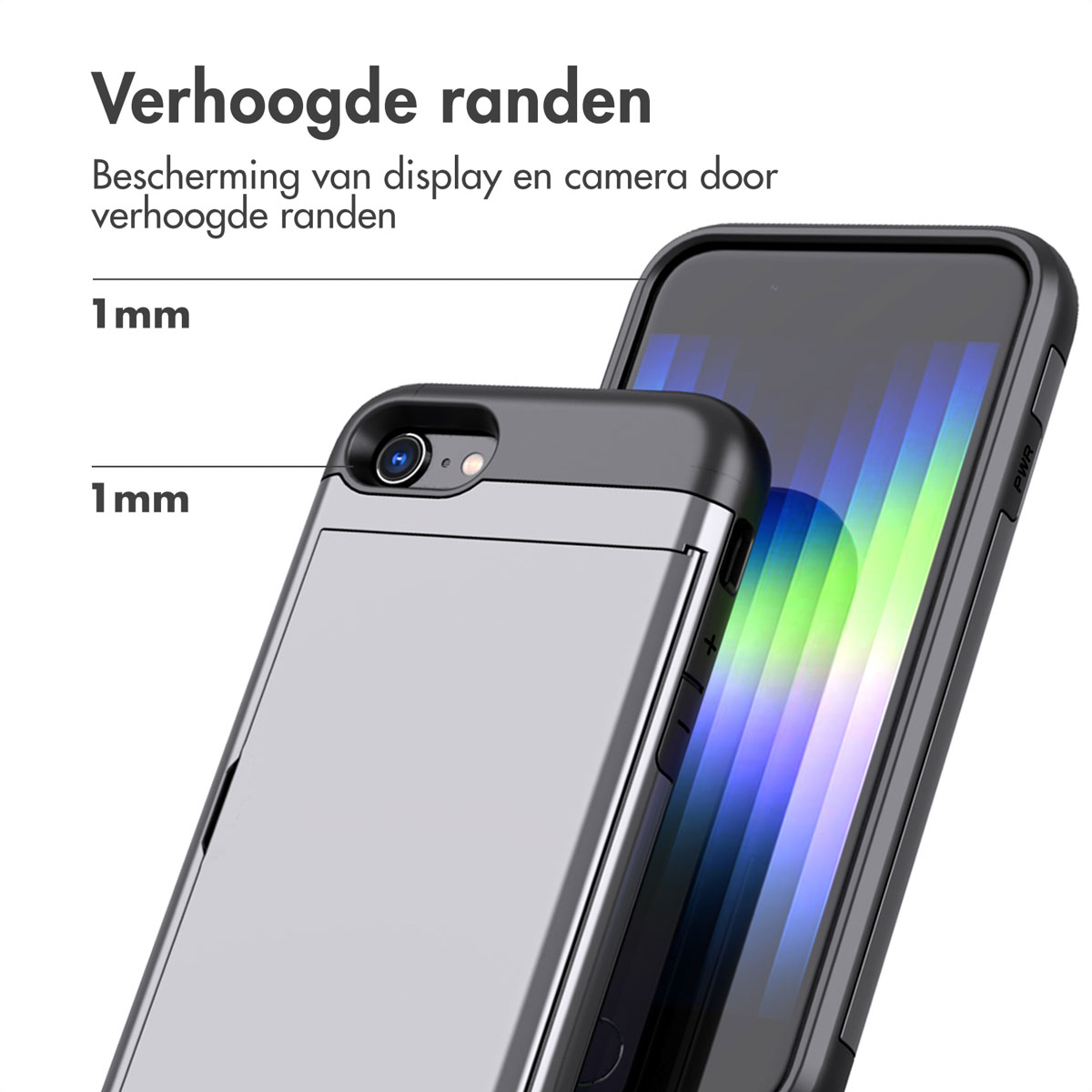 Telefoonhoesje op een telefoon. De hoes is grijs en zwart. De telefoon is zwart en heeft een display.