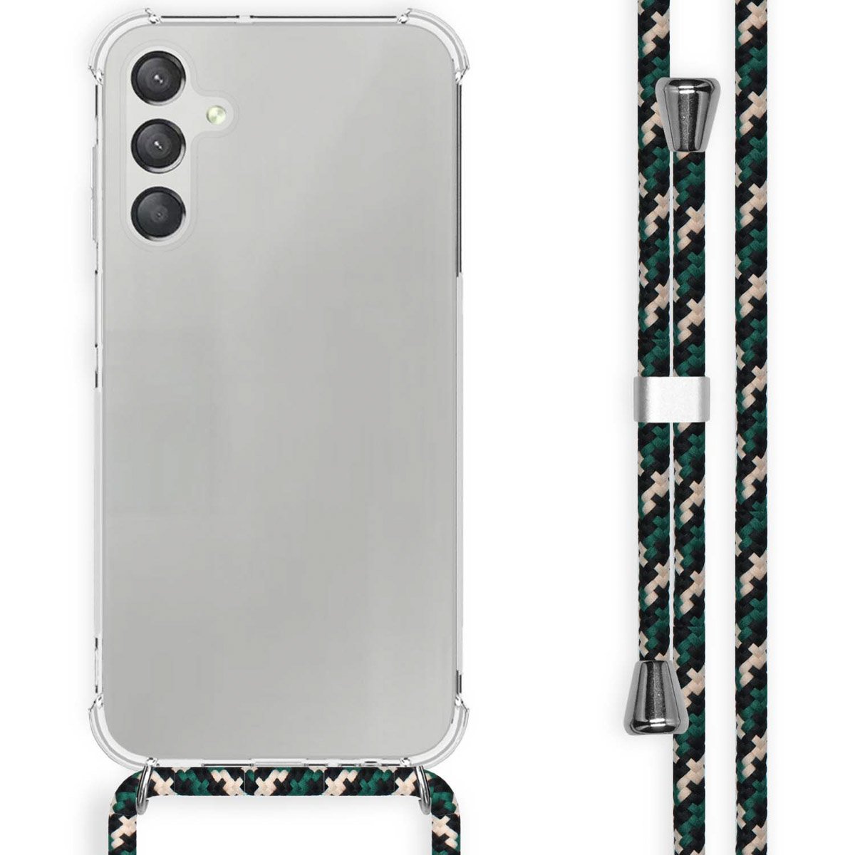 Coque transparente avec sangle noire et verte. Téléphone visible à l'intérieur.
