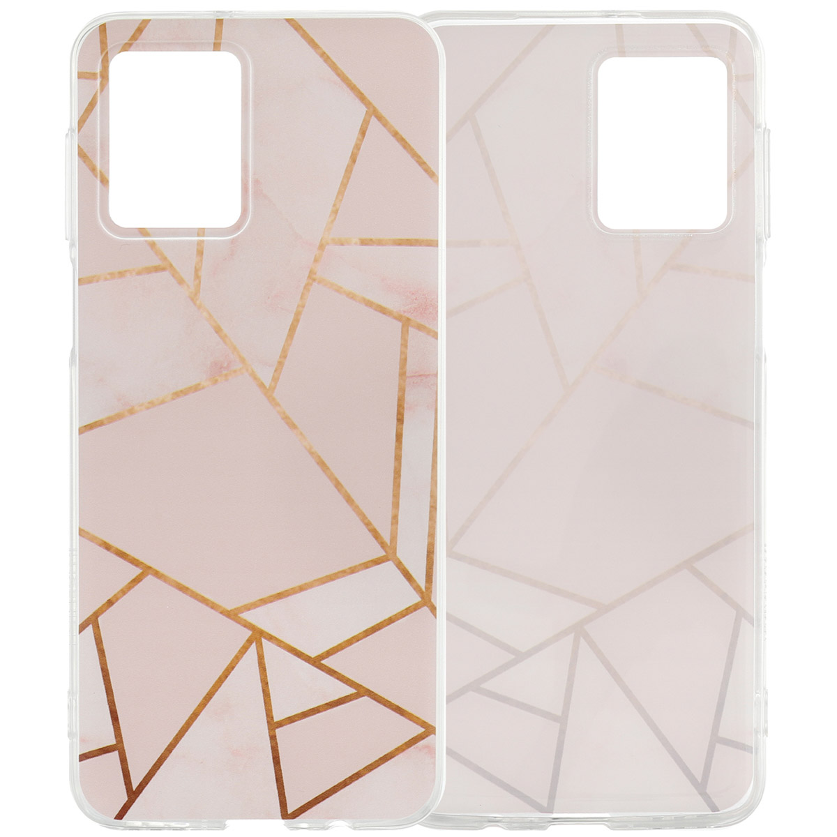 Twee telefoons. Een doorzichtig hoesje met geometrisch goud design.
