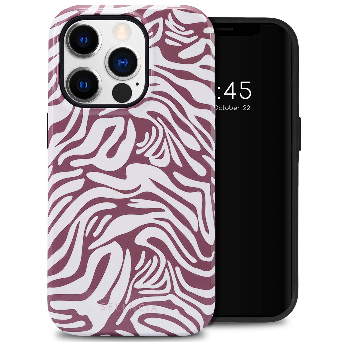 Telefoonhoesje met paarse en witte zebra strepen. Een telefoon rechts met zwart scherm en tijd.