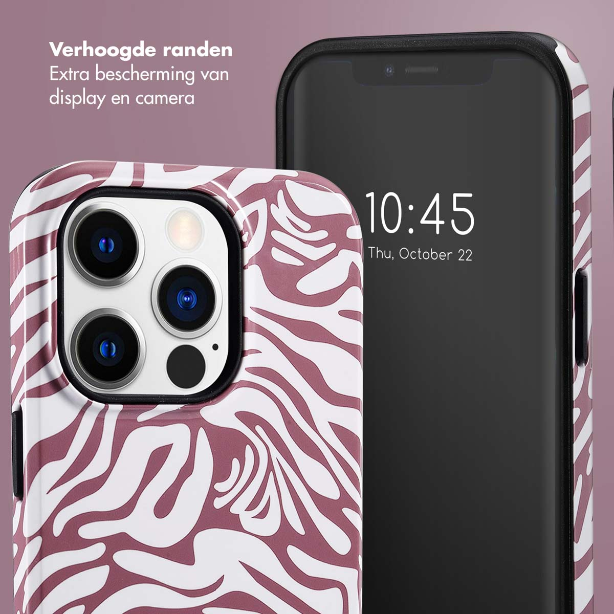 Telefoonhoes met zebrapatroon en telefoon erin, die de tijd weergeeft. De hoes is open.