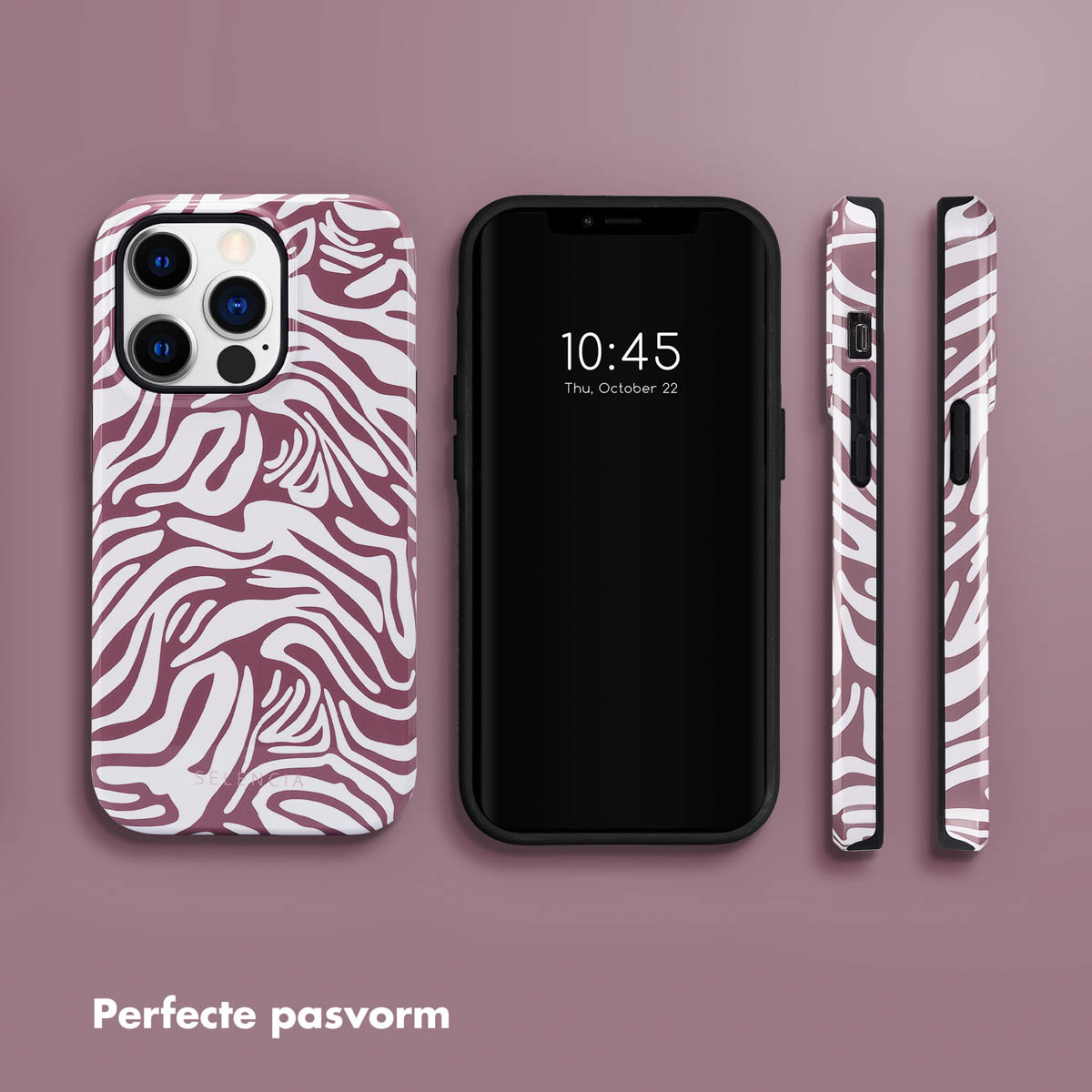 Telefoonhoesjes op een paarse achtergrond. De hoes heeft een zebra-streep ontwerp. Tekst: Perfecte pasvorm.