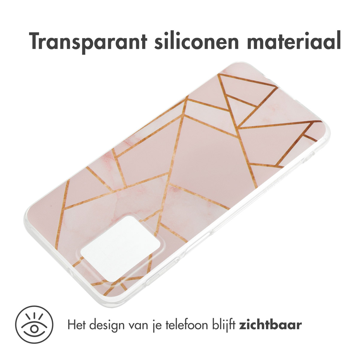Transparant telefoonhoesje met een roze geometrisch design, dat het design laat zien.