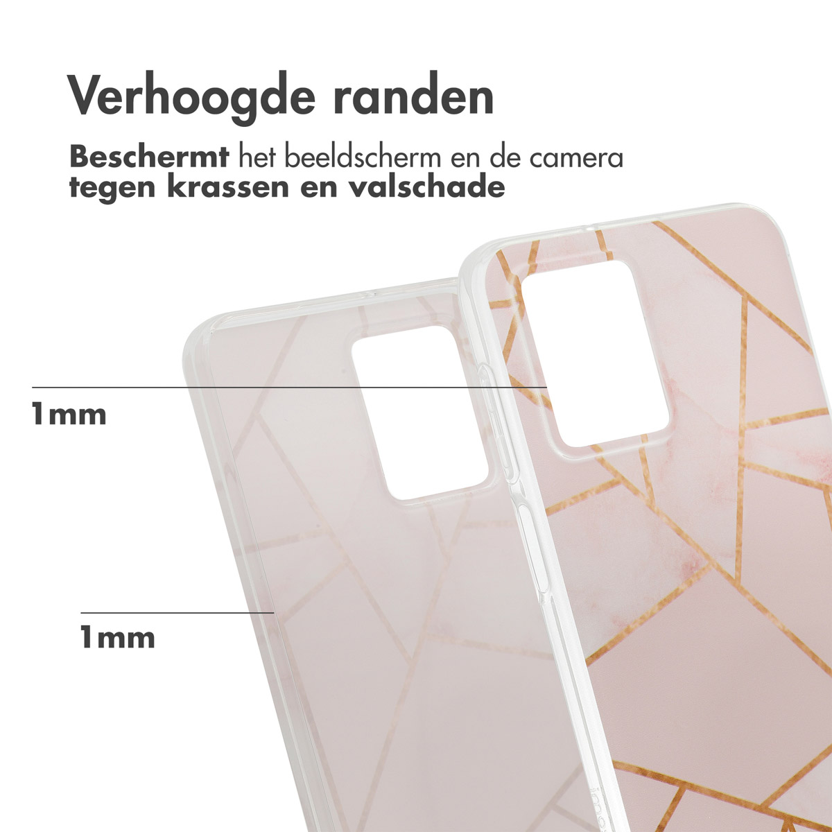 Telefoonhoesje met een roze en goud geometrisch design. Tekst: Verhoogde randen.