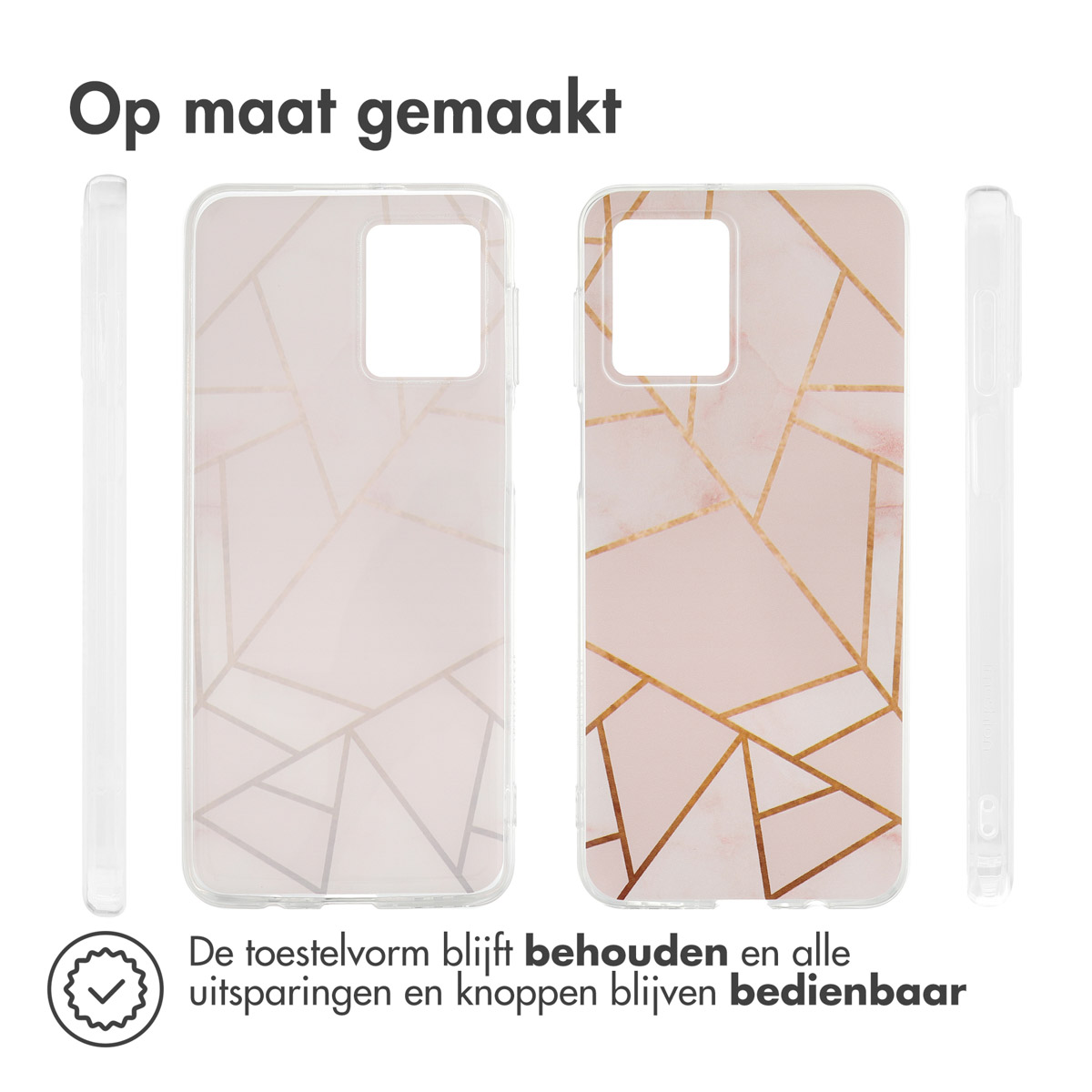 Telefoonhoesje met een roze geometrisch patroon erop. De telefoon zit erin. Er zijn vier hoeken van de hoes.