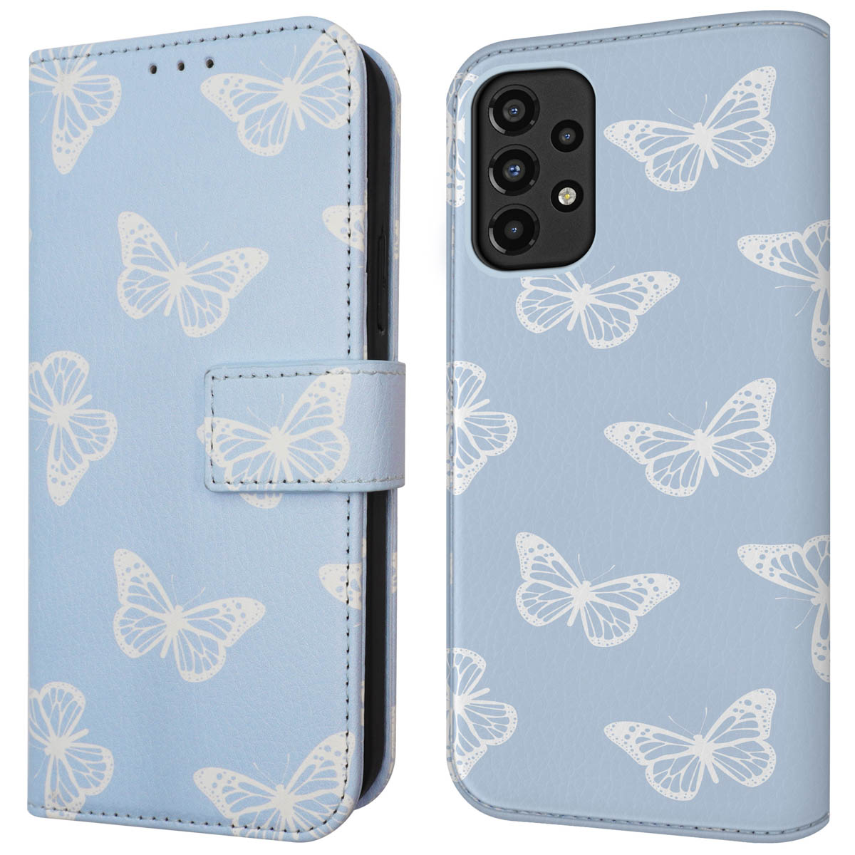 Hellblaue Handyhülle mit weißem Schmetterlingsdesign, geschlossen und offen, mit einem Handy darin.