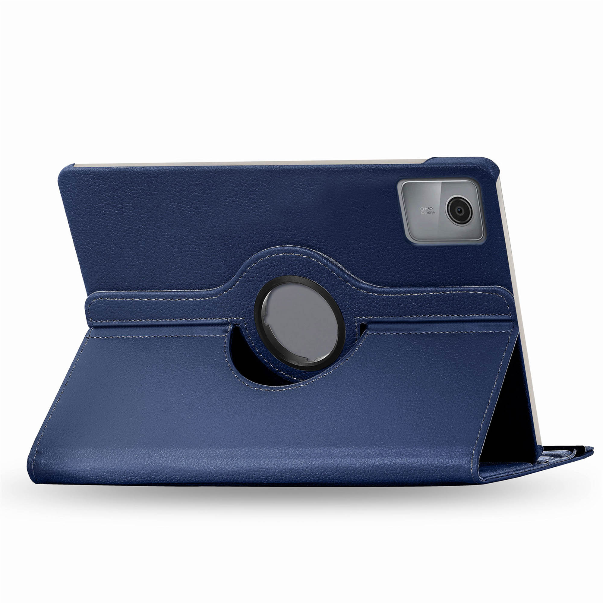 Blauwe tablethoes met een draaibare standaard en een tablet.