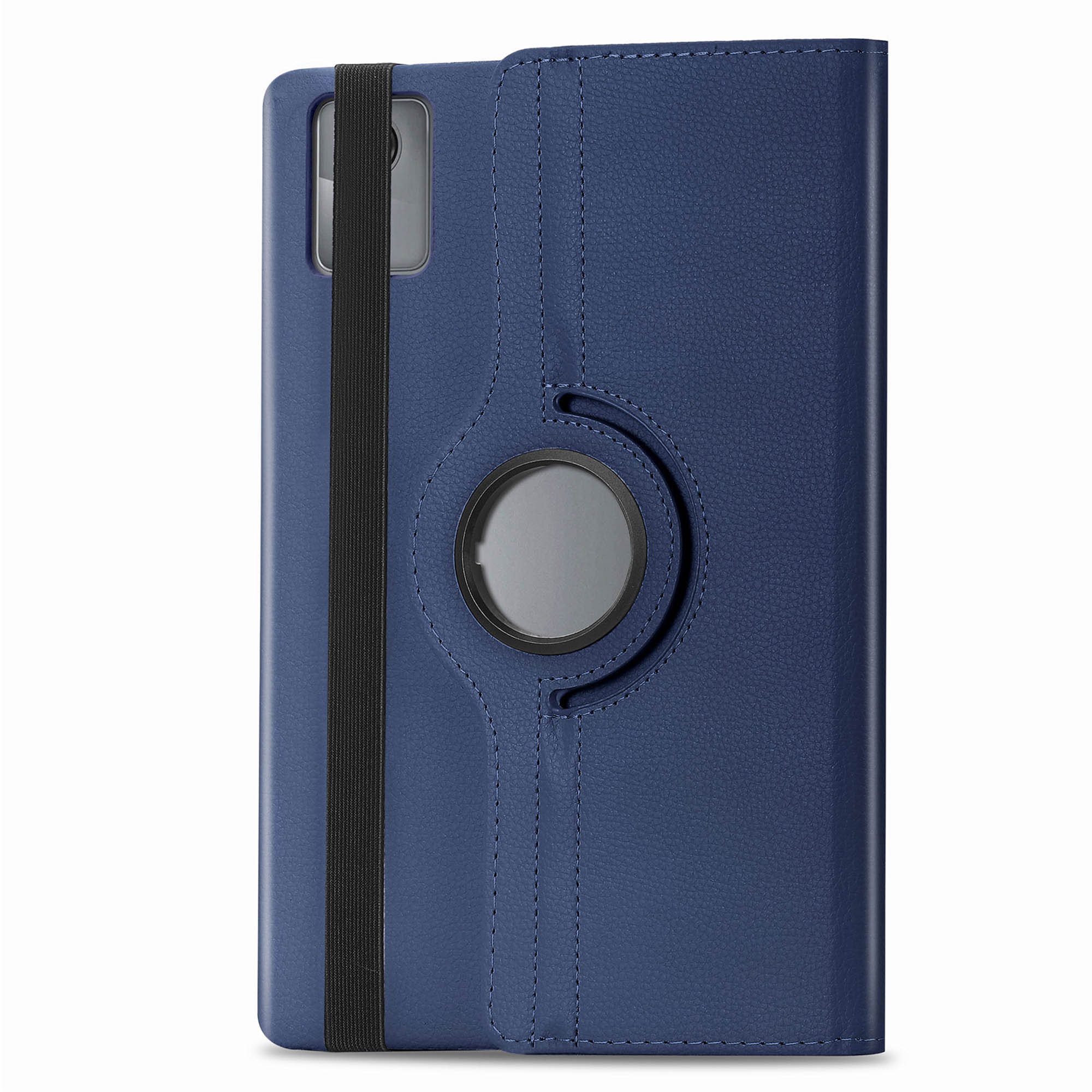 Donkerblauwe leren telefoonhoes met een draaiende ring. De hoes is gesloten.