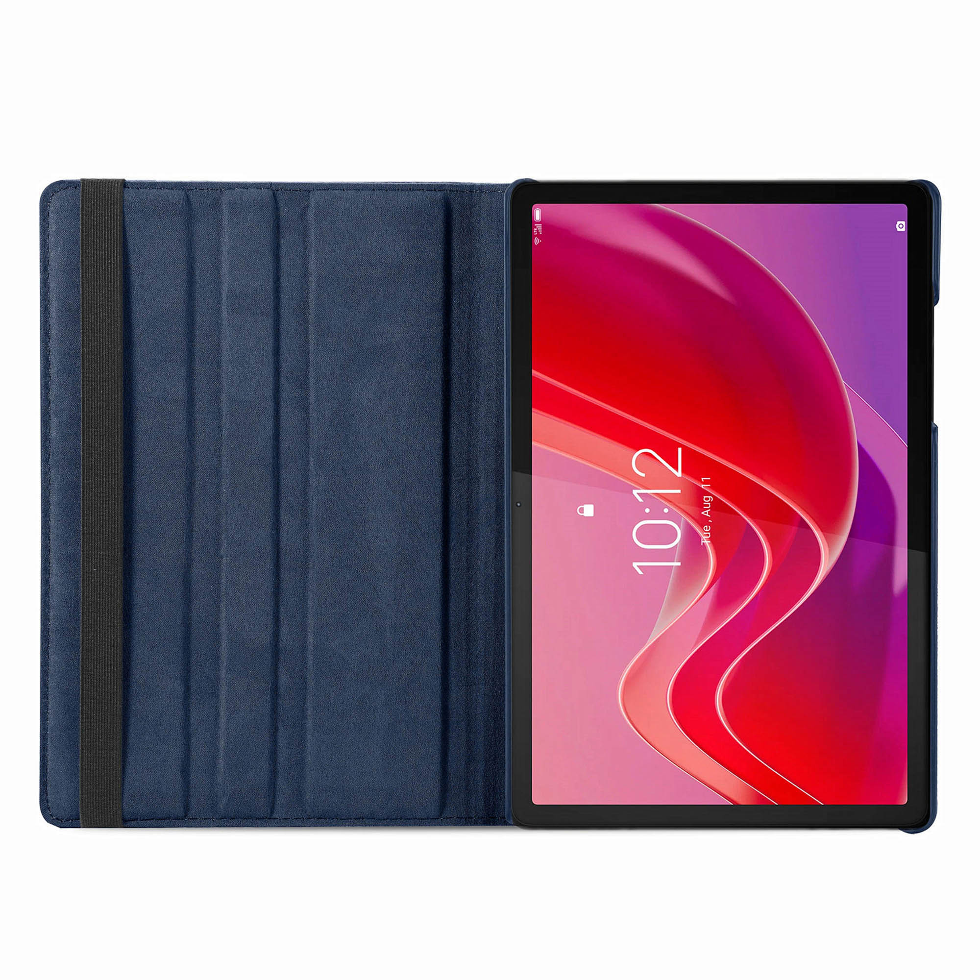 Blauwe tablethoes, open, met een tablet waarop een abstracte rood-paarse afbeelding wordt weergegeven.