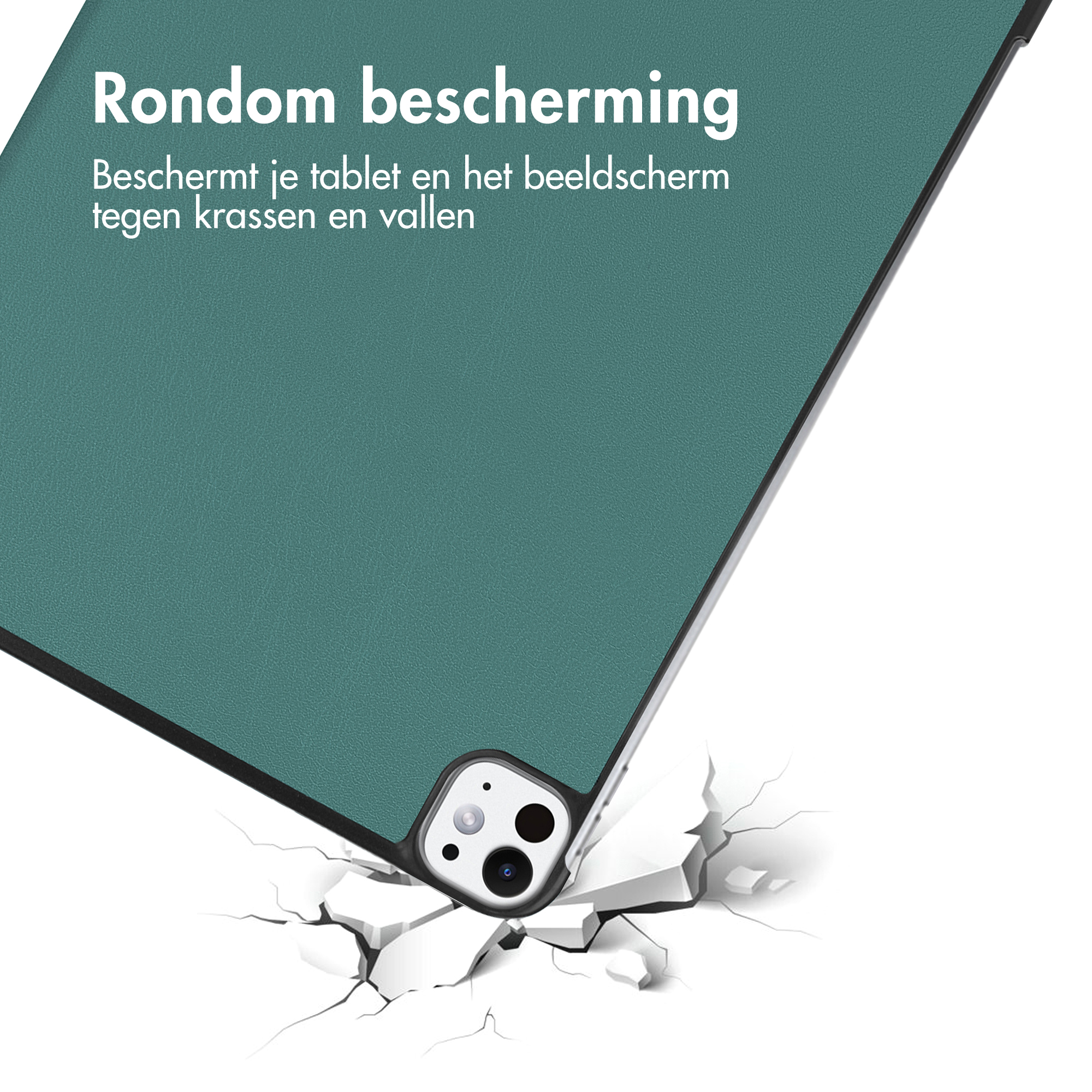 Tablethoes, groen, vallend, scheuren vormen zich op de grond. Tekst: Rondom bescherming.
