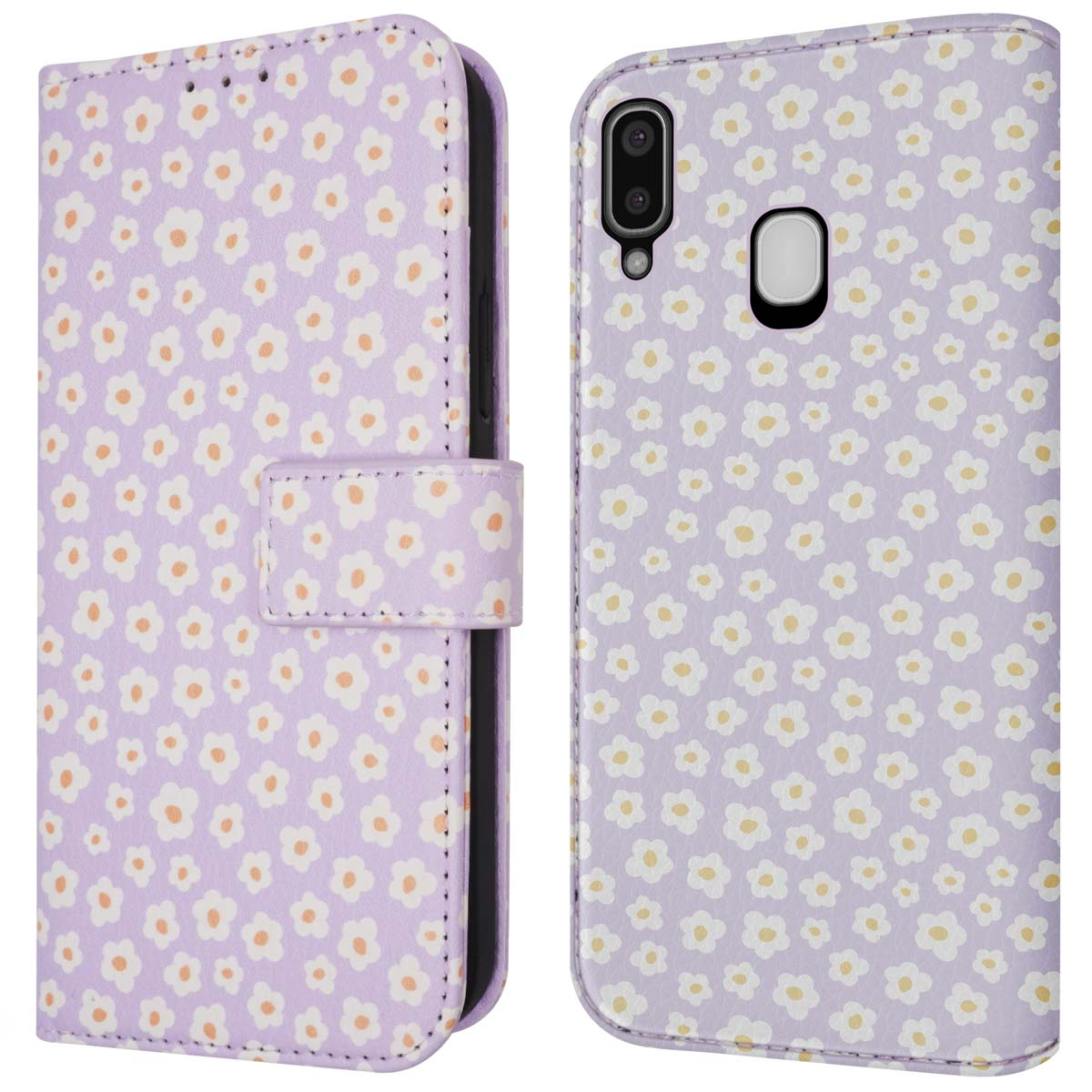 Paarse telefoonhoes met madeliefjespatroon. Links open en rechts gesloten. Tekst: Handige functies.