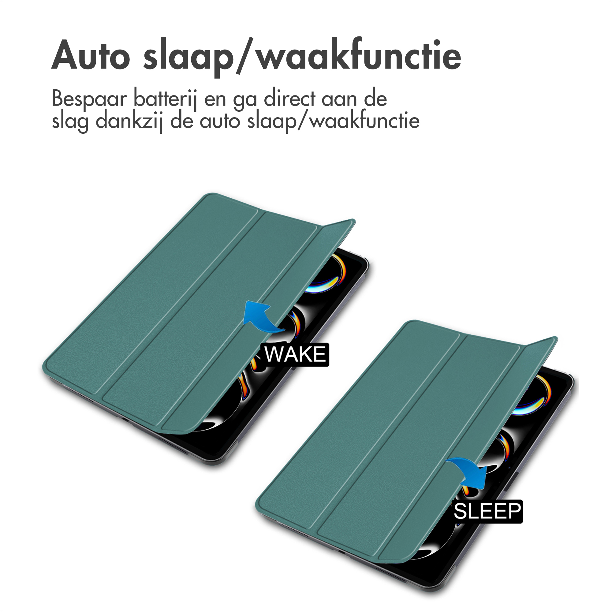 Twee blauwgroene telefoonhoesjes, één open en één gesloten, met instructies bovenaan.