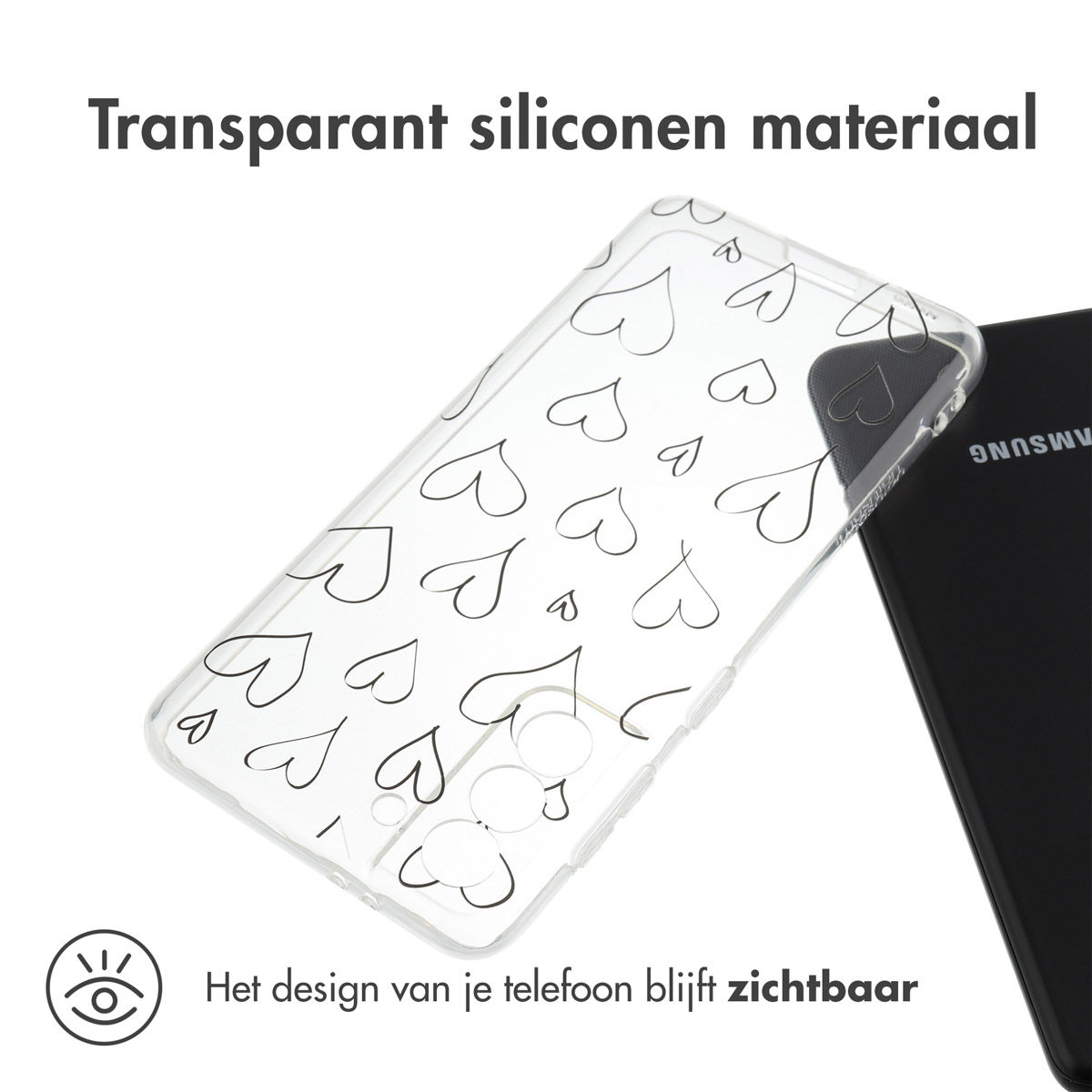 Custodia trasparente con un design a cuore sul retro e un telefono nero.