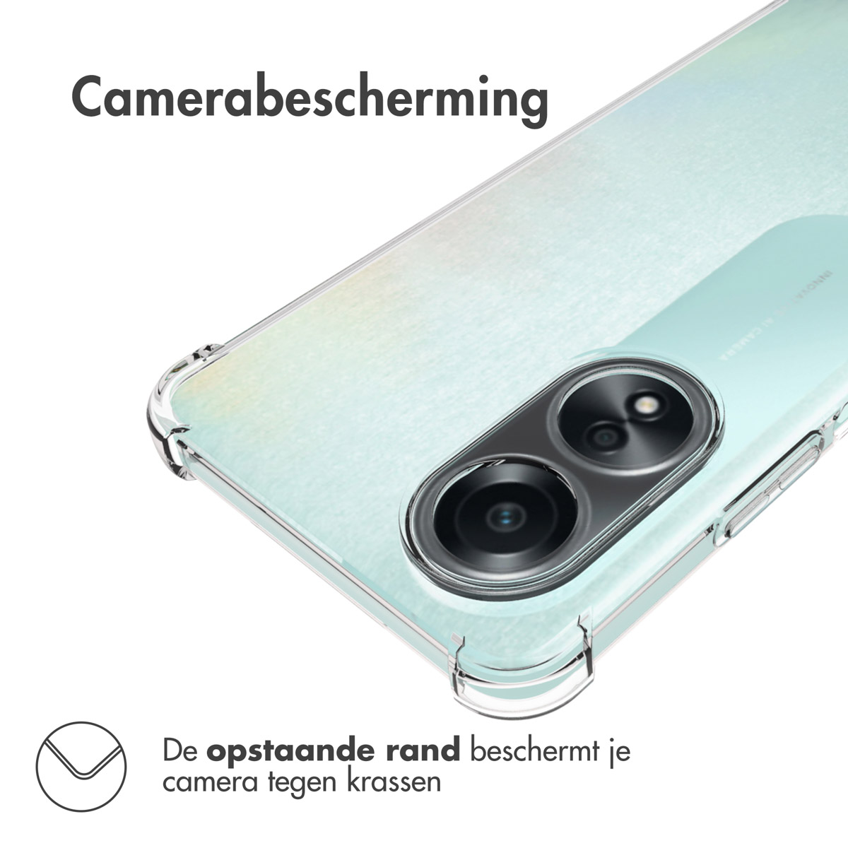 Transparante telefoonhoes met een telefoon erin. De telefoon heeft een camera en is lichtblauw.