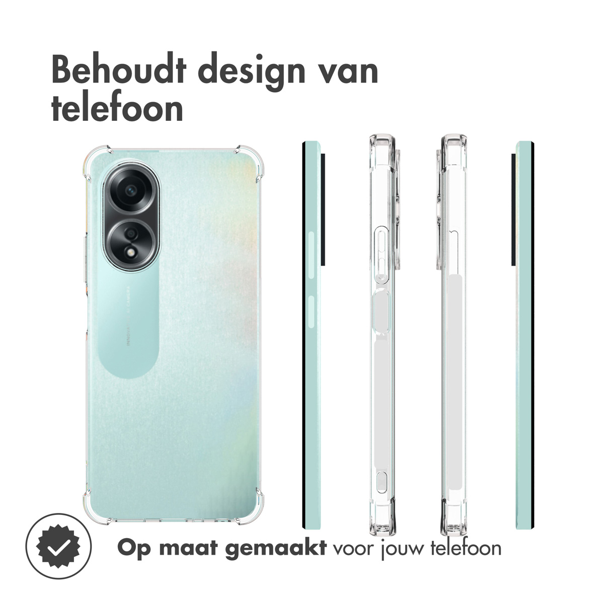Telefoonhoesje met telefoon erin. De telefoonhoes is transparant. Tekst: Behoudt het ontwerp van de telefoon.