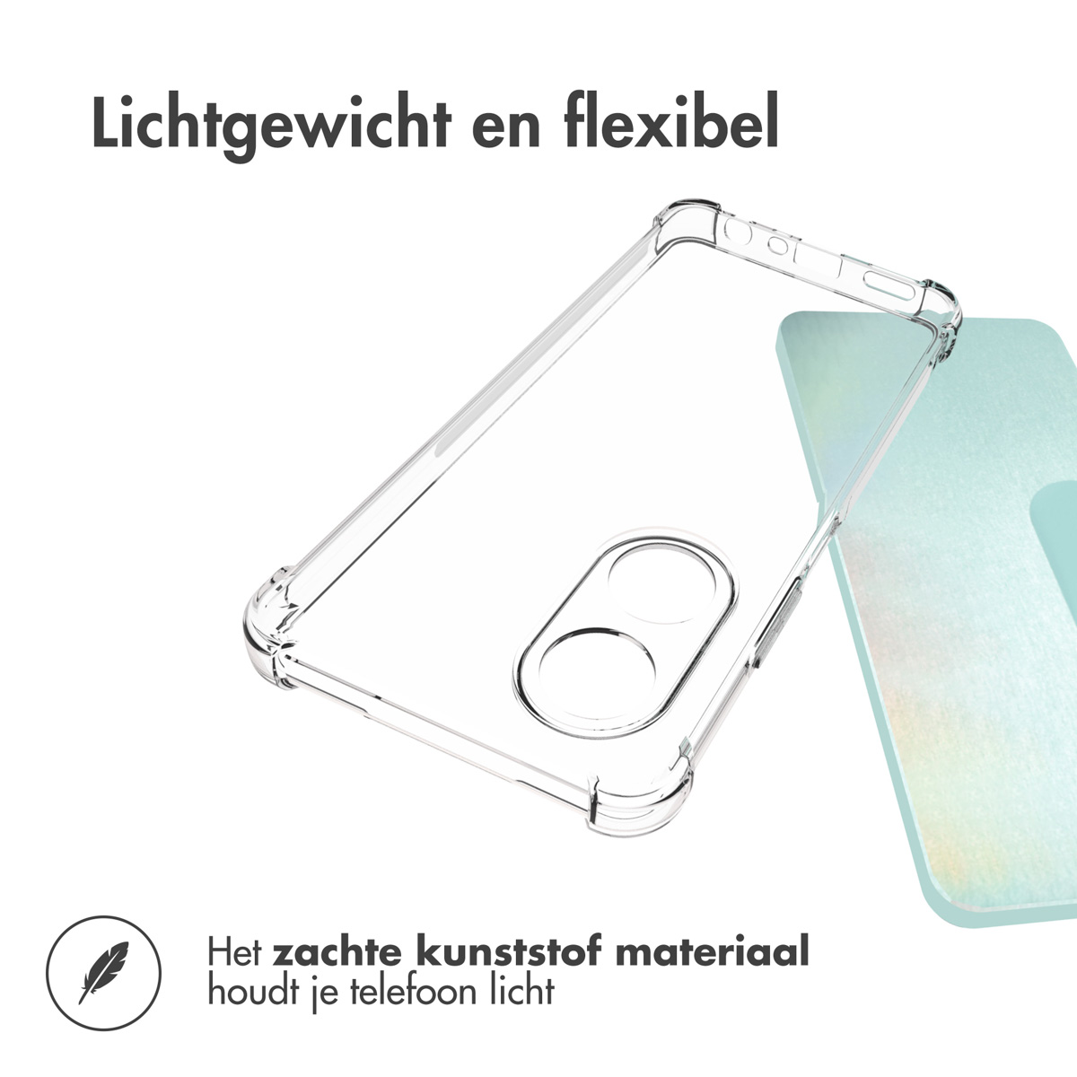 Een doorzichtige telefoonhoes. De hoes is transparant en toont de vorm van de telefoon met een lichtblauwe achtergrond.