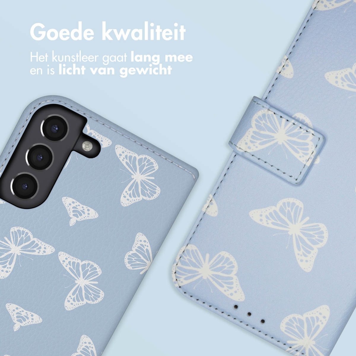 Coque bleue avec motif papillon blanc. Style folio, vue rapprochée.