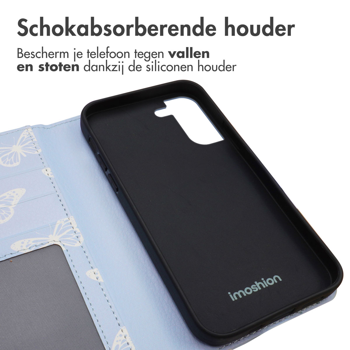 Une coque de téléphone avec un motif de papillon et un téléphone à l'intérieur.