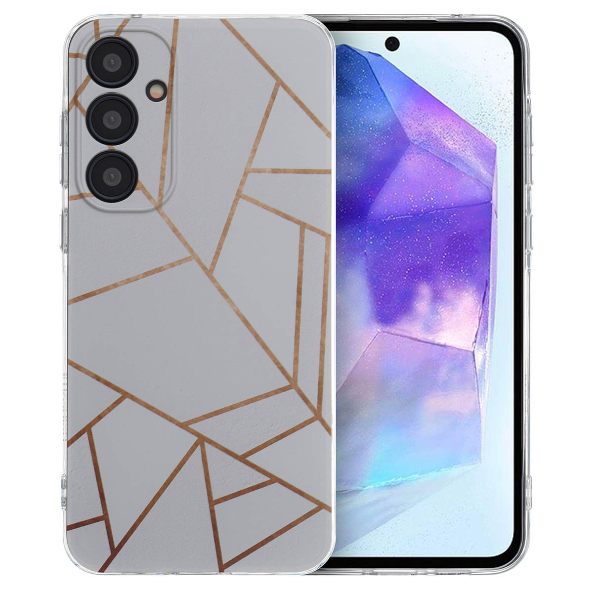 Transparant telefoonhoesje met een geometrisch gouden design over een paarse telefoon.