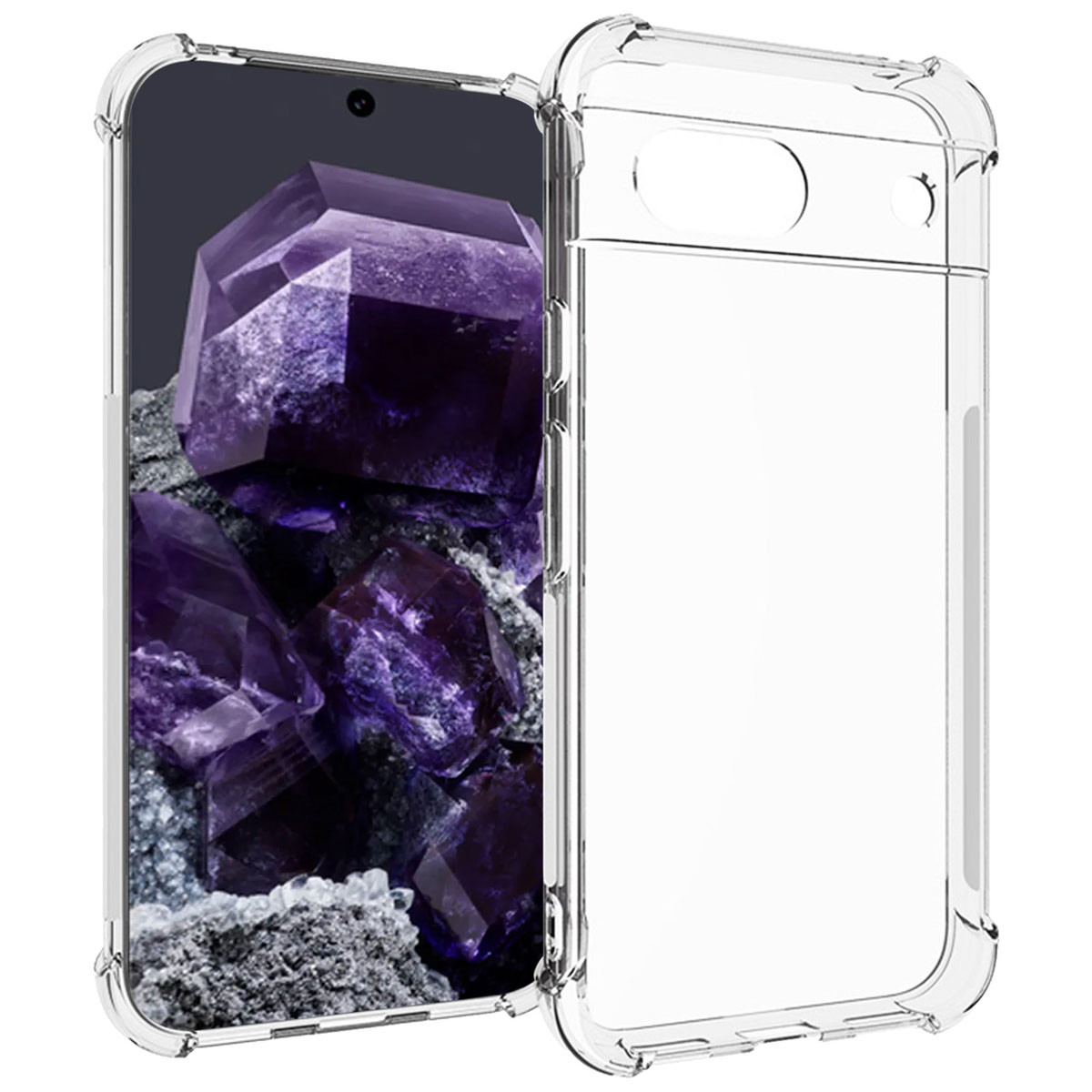 Een doorzichtige telefoonhoes met een telefoon erin, die een paars kristal weergeeft.