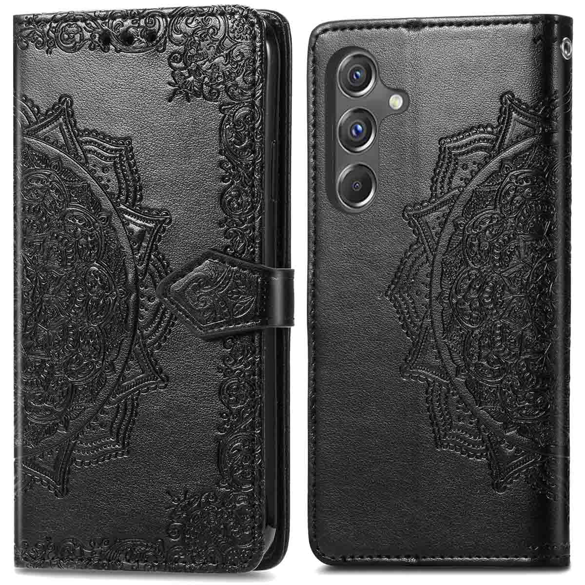 Een zwarte telefoonhoes met een decoratief ontwerp.