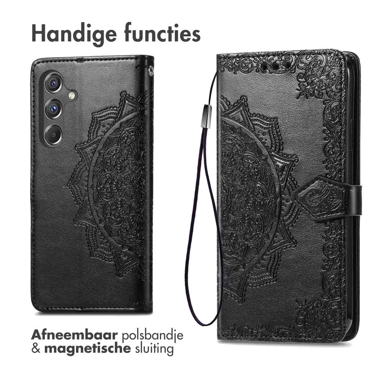 Zwart telefoonhoesje met mandala-ontwerp en polsbandje.