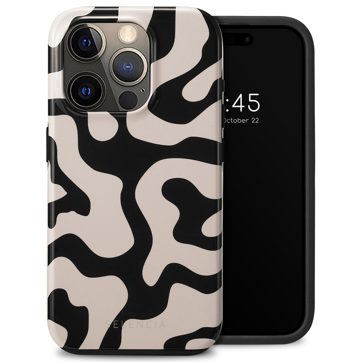 Coque de téléphone avec un design abstrait noir et beige. Un téléphone noir sur le côté droit.