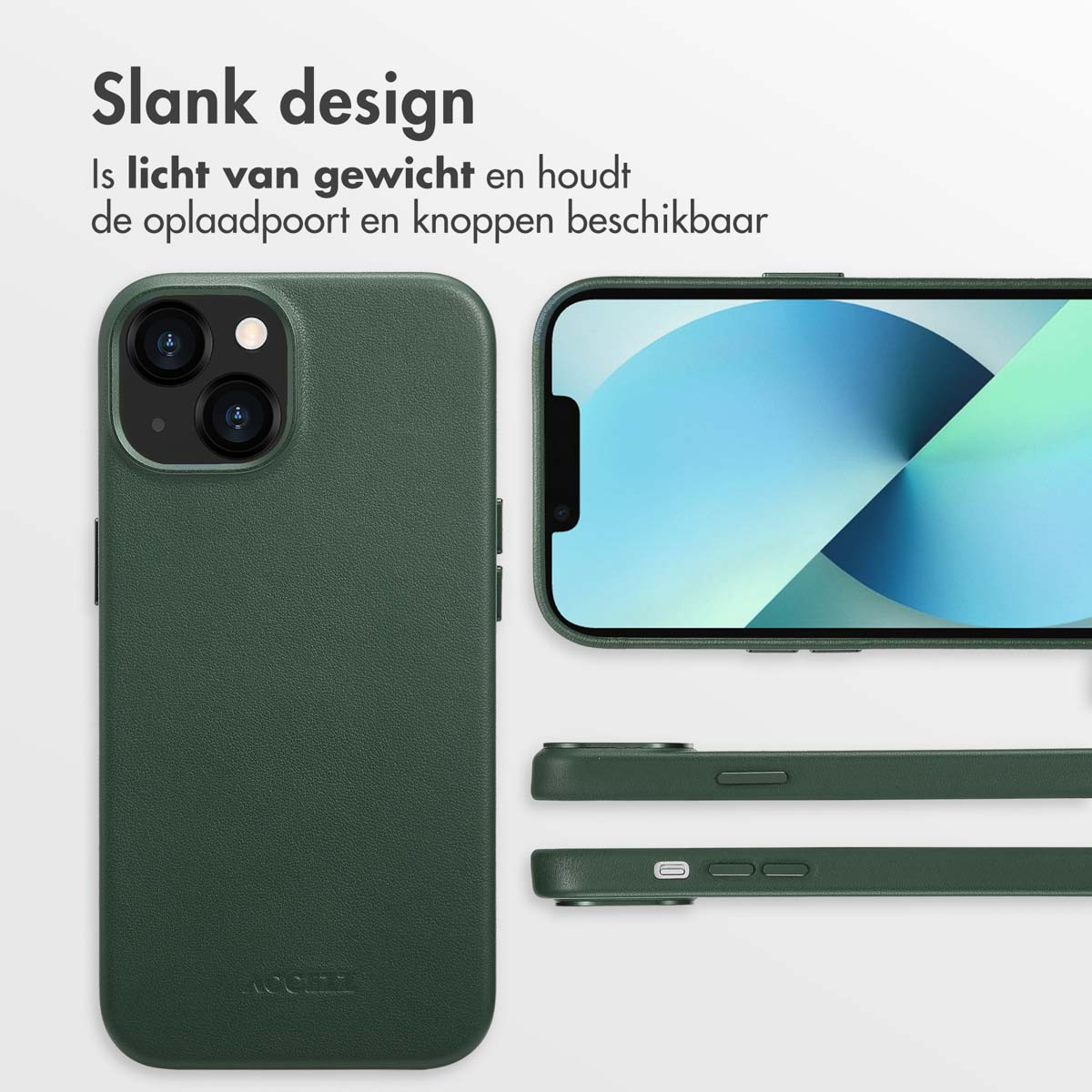 Coque de téléphone vert foncé avec téléphone. Le téléphone est dans une coque montrant sa vue latérale et inférieure.