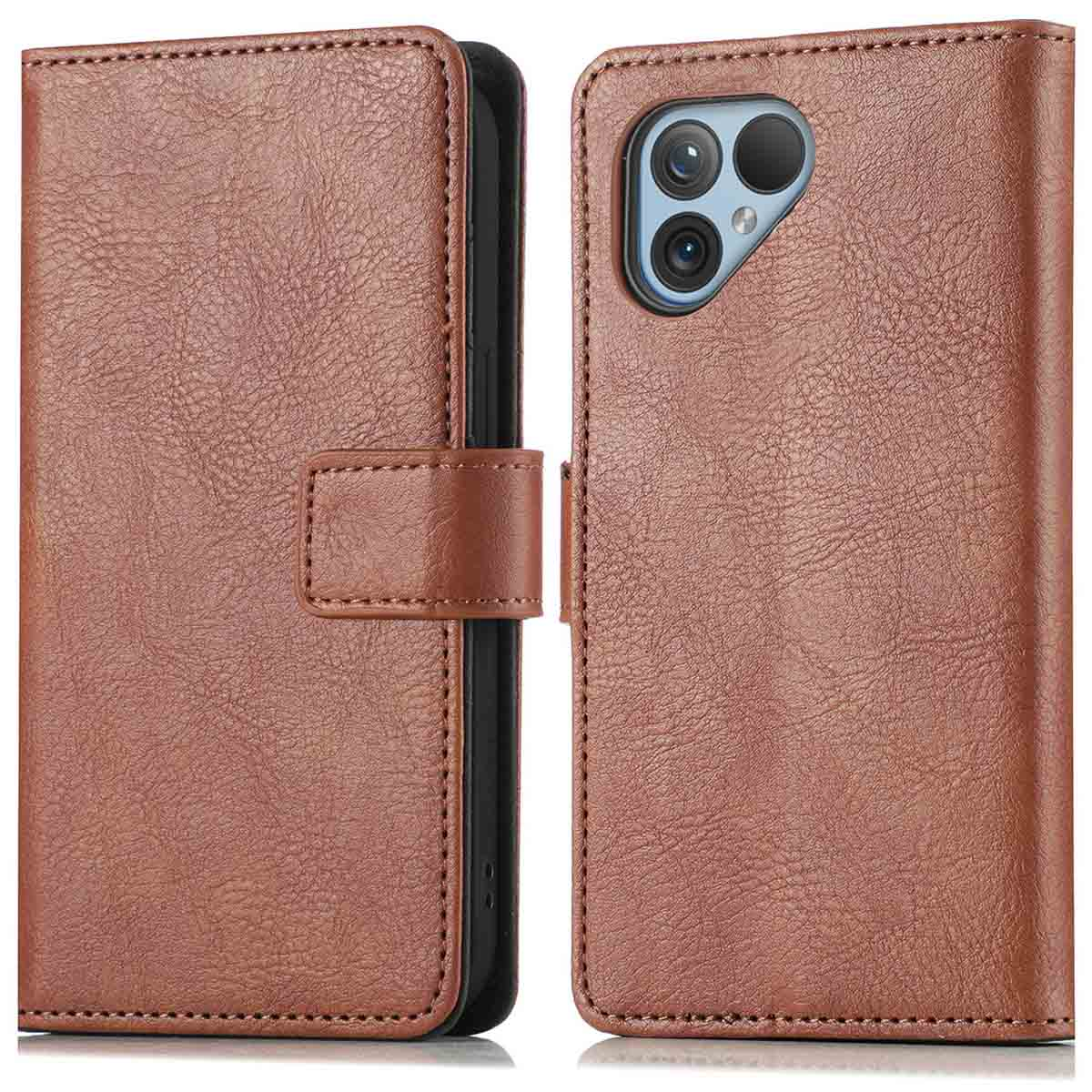 Braune Leder-Handyhülle mit eingelegtem Telefon.
