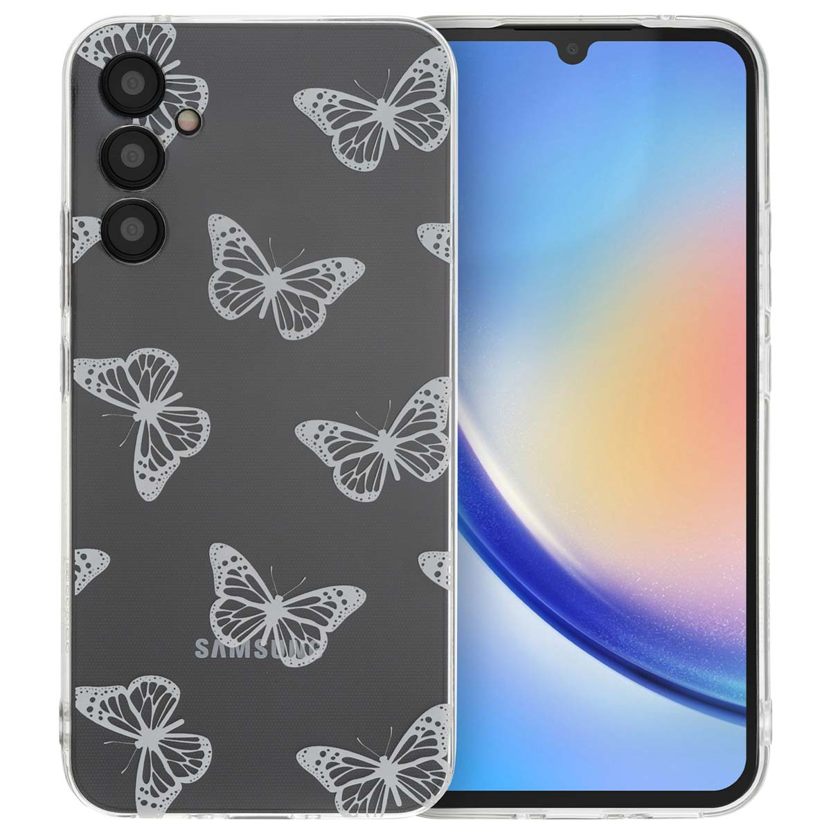 Telefoonhoesje met vlinders op grijze achtergrond, bedekt een smartphone.