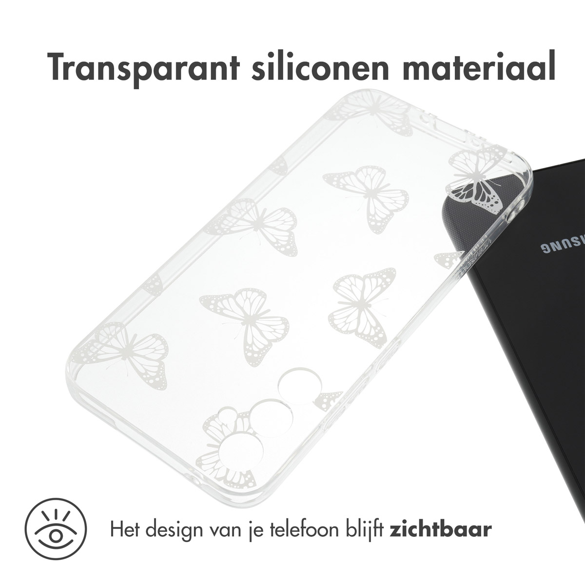 Transparant telefoonhoesje met vlinderontwerp en een telefoon.