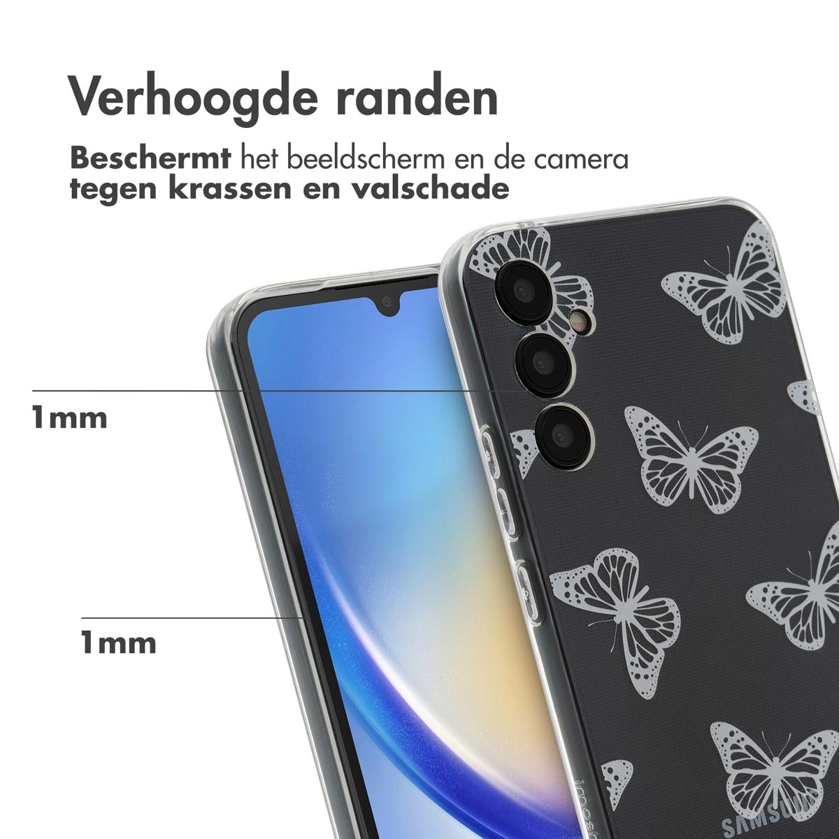 Een telefoon in een doorzichtige hoes met een vlinderpatroon, met een 1 mm verhoogde rand die het scherm beschermt.
