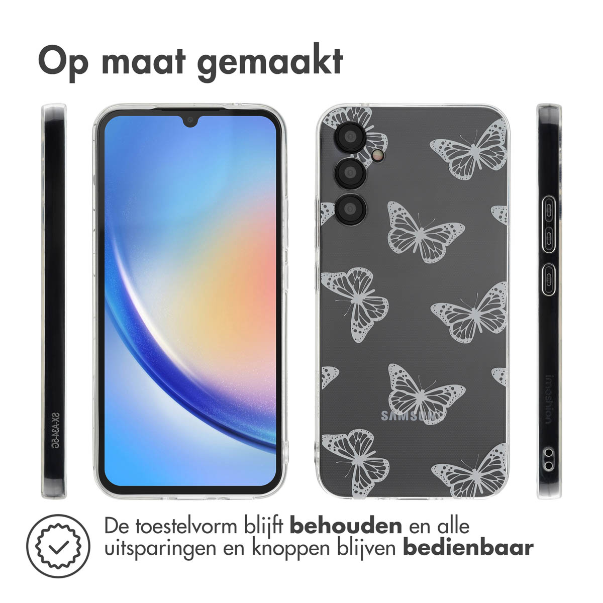 Transparante telefoonhoes met witte vlinderprint. Telefoon zit in hoes, en zijaanzichten getoond.