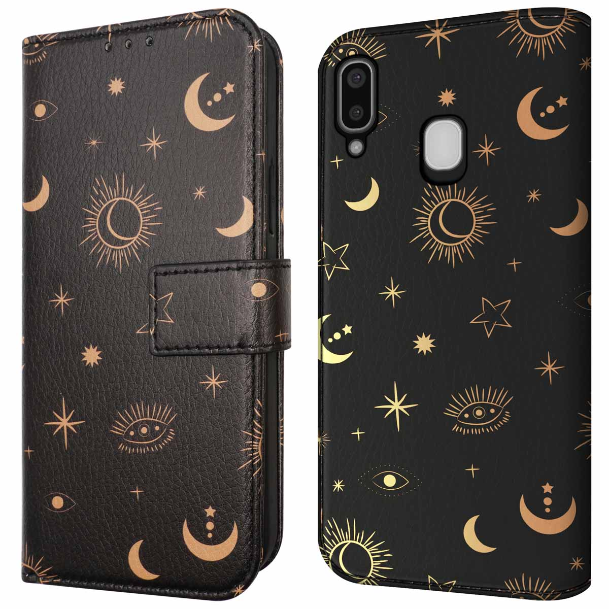 Zwarte telefoonportemonnee met zon- en maan tekeningen in goud. De telefoon zit erin.