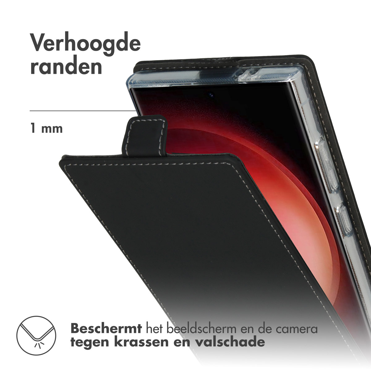 Zwarte telefoonhoes met flap. Beschermt scherm en camera tegen krassen.
