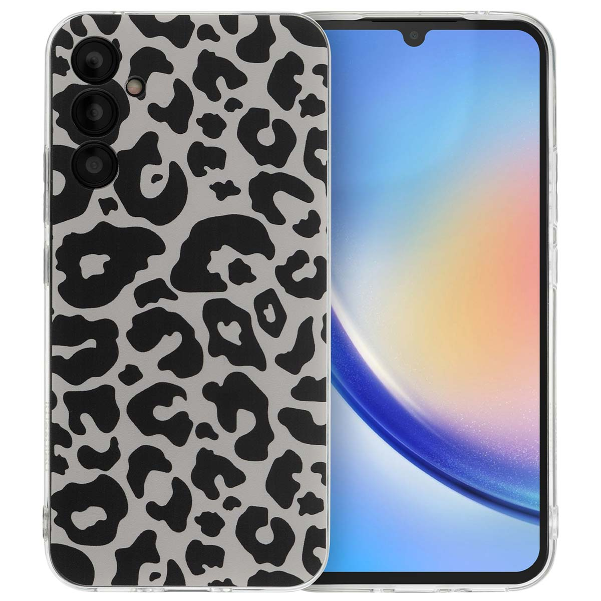 Coque de téléphone avec imprimé léopard noir et gris. Le téléphone est dans une coque transparente.