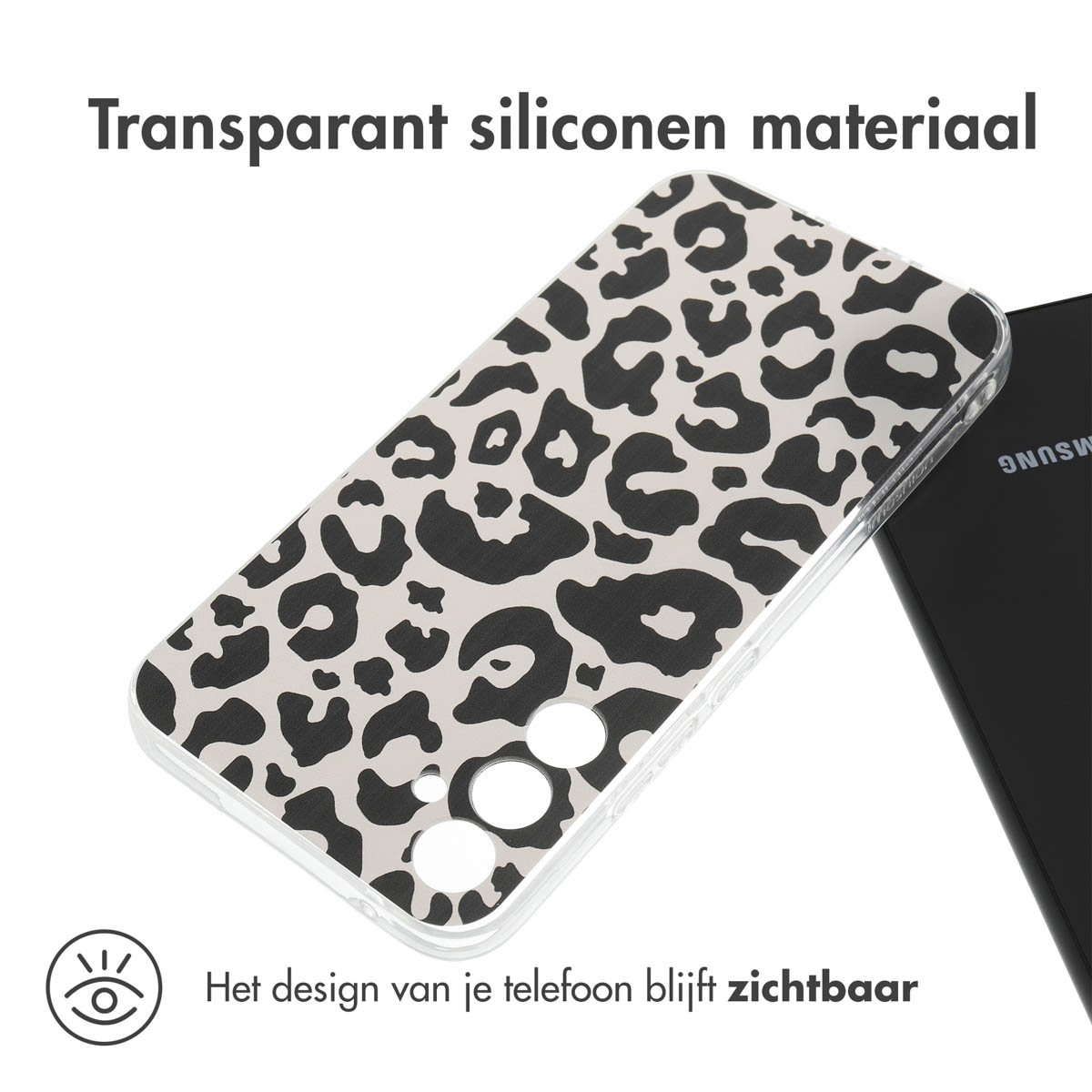 Coque de téléphone transparente avec un imprimé léopard noir et blanc. Le téléphone est visible.