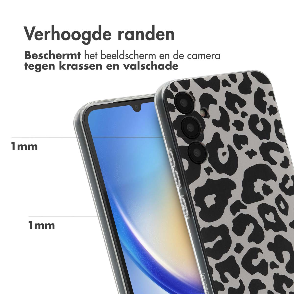 Coque de téléphone avec motif léopard, taches grises et noires. Protège l'appareil photo et l'écran.
