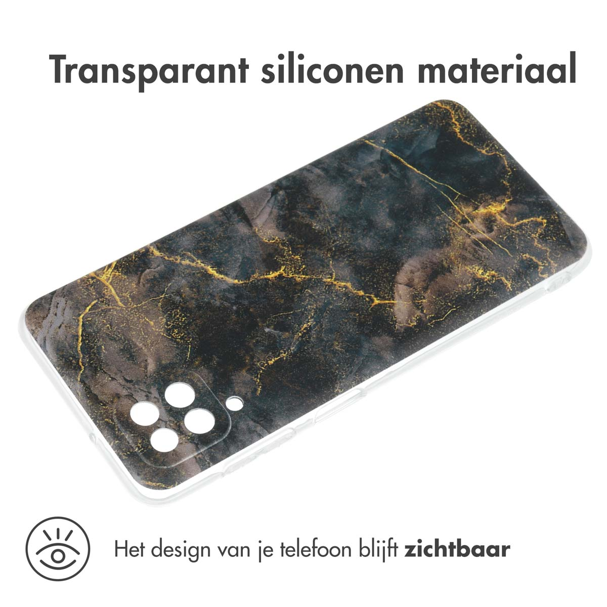 Transparante telefoonhoes met een zwart en goud marmerontwerp. Telefoonontwerp zichtbaar.