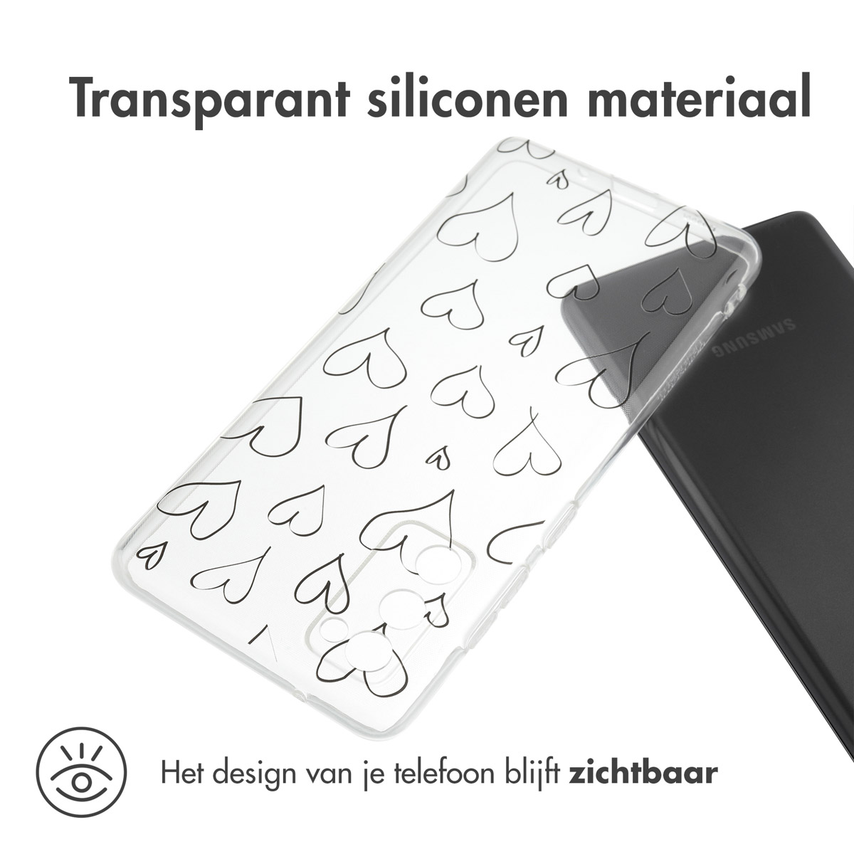 Custodia trasparente con cuori neri. Un telefono è visibile a destra. Testo: Il design del tuo telefono rimane visibile.