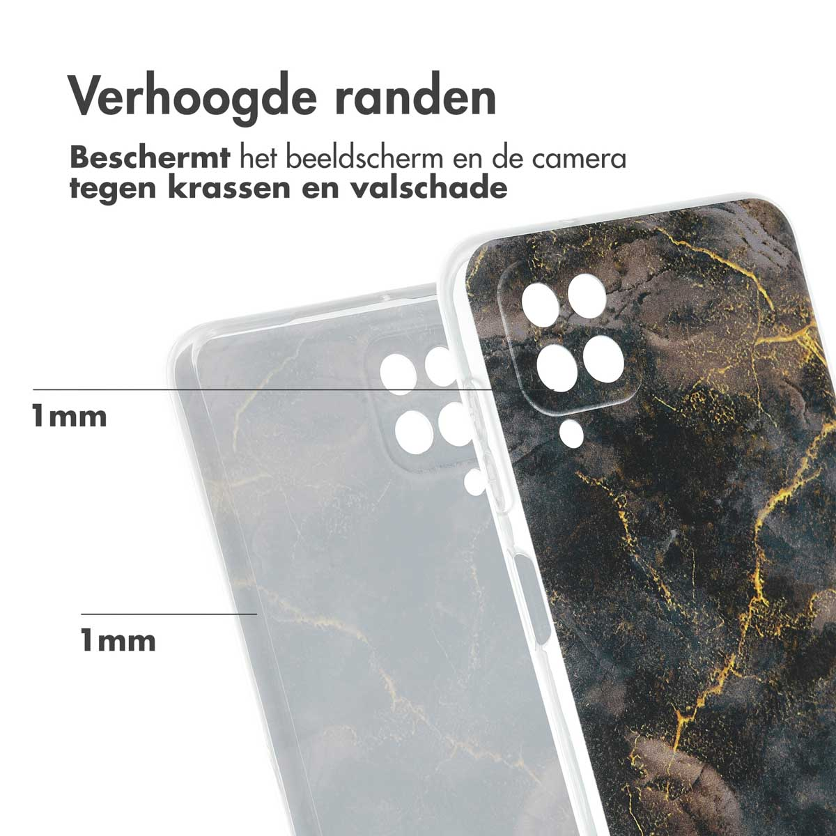 Telefoonhoesje met zwart en goud marmerpatroon. Telefoon rechts.