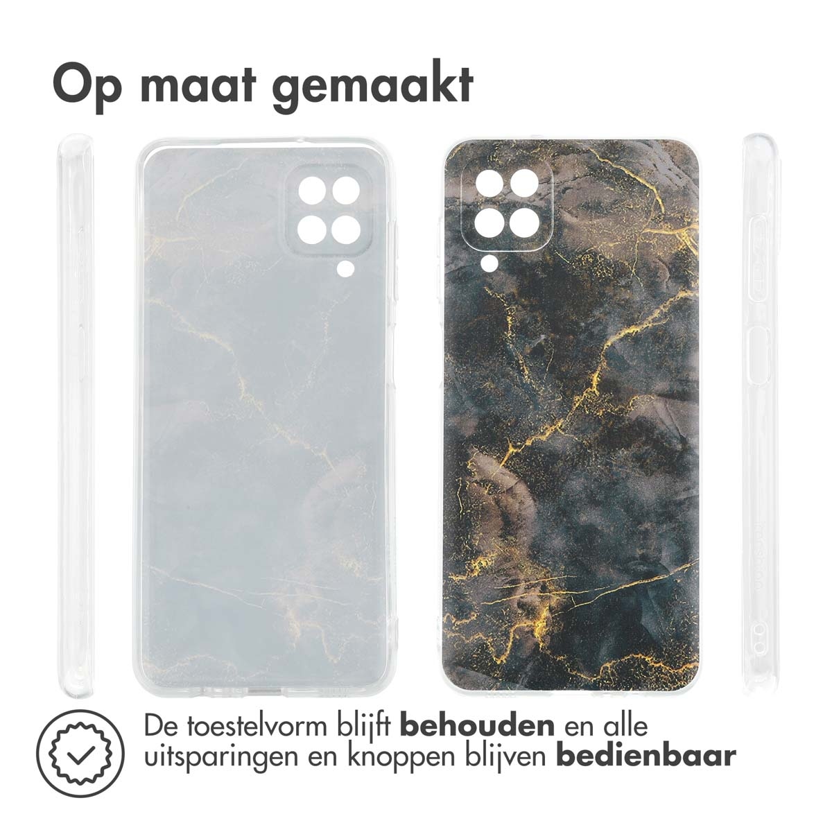 Telefoonhoesjes met marmerontwerpen. Eén is transparant, de andere heeft een zwart-goud marmerpatroon.