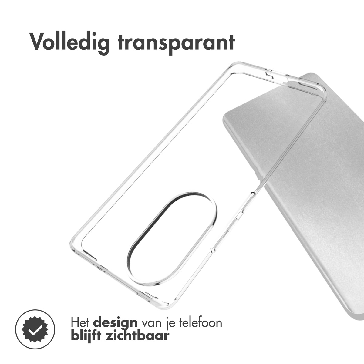 Custodia trasparente. Testo: 'Volledig transparant' e 'Het design van je telefoon blijft zichtbaar'.