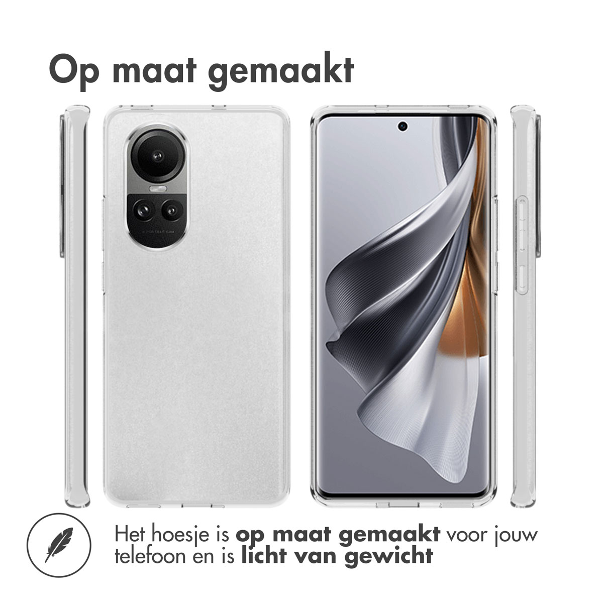 Coque transparente avec téléphone. Vue latérale montre les boutons.