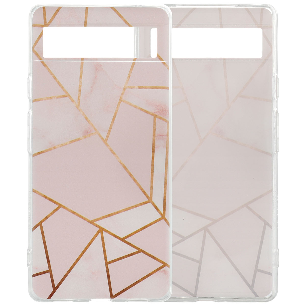 Telefoonhoesje met een roze achtergrond en gouden geometrisch ontwerp. Telefoon rechts.