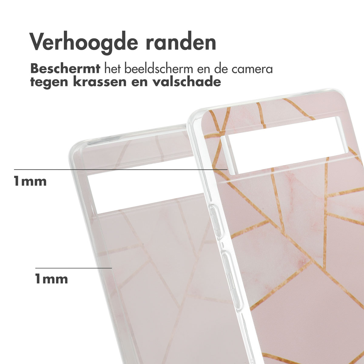 Close-up van telefoonhoesjes. Roze hoes met gouden lijnen en transparante hoes. Tekst: 1 mm.