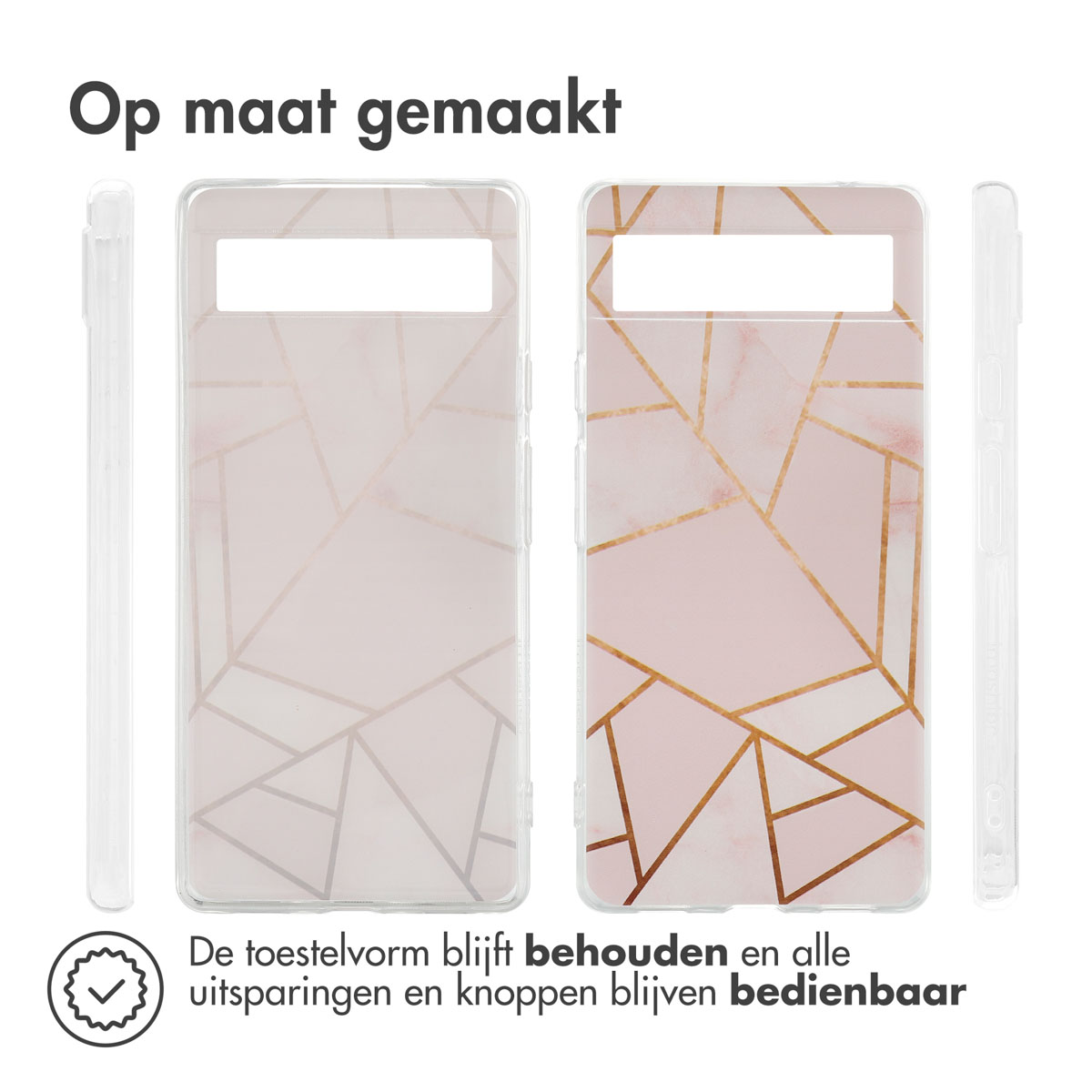 Telefoonhoesjes met geometrische ontwerpen. Eén is doorzichtig, de andere heeft een roze en goud geometrisch patroon.