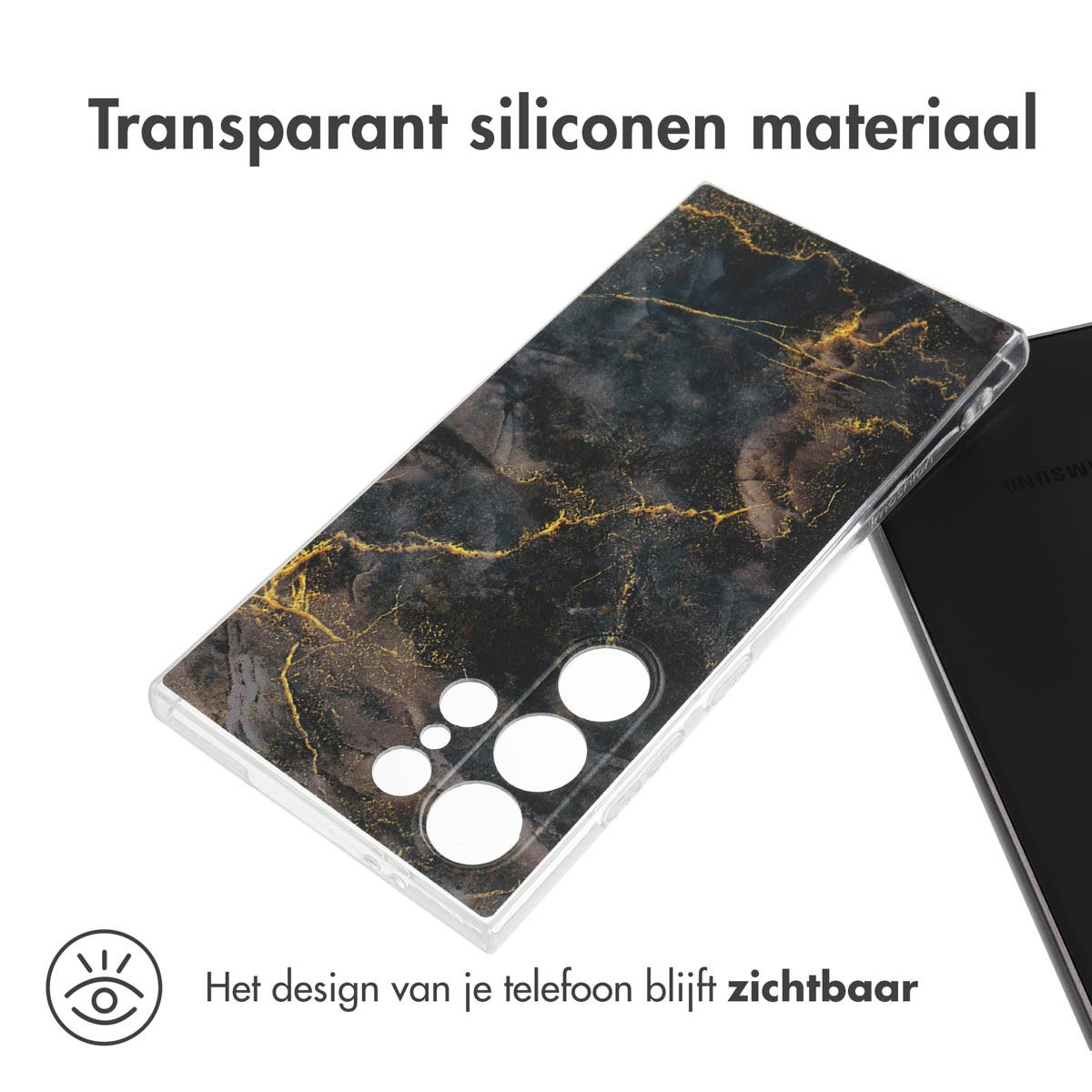 Een transparante telefoonhoes met een marmerontwerp. Het ontwerp van de telefoon blijft zichtbaar door de hoes.
